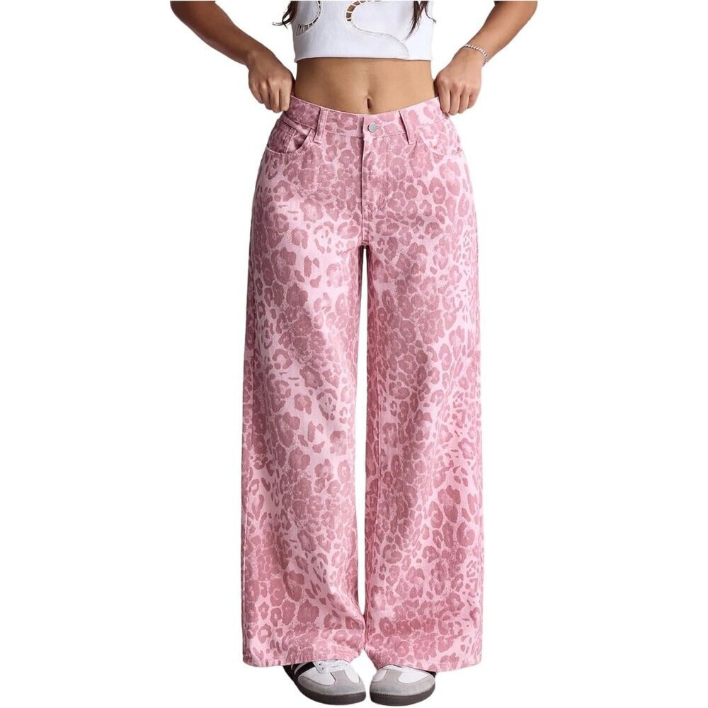 Women's Leopard Print Baggy Jeans Low Rise Wide Leg Casual Denim